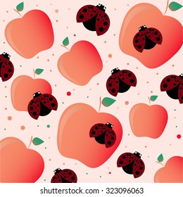 Colorful vector with apples and ladybirds. Summer design print.