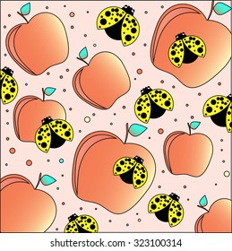 Colorful vector with apples and ladybirds. Summer design print.