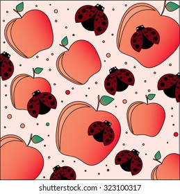 Colorful vector with apples and ladybirds. Summer design print.