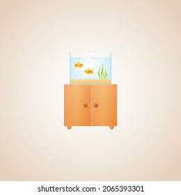 Colorful vector aquarium with a cute goldfishes on a cabinet web icon. Isolated bright illustration of rectangular glass fishbowl with two fishes, sand and algae on a nightstand 