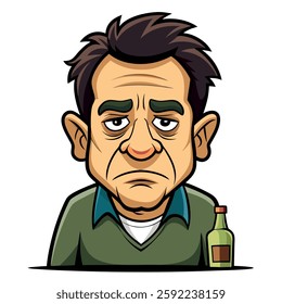 Colorful vector art of a cartoon man with a stern look and dark hair, wearing a green shirt with a blue collar and white undershirt, with a bottle of brown liquid beside him, indicating a mood of anno