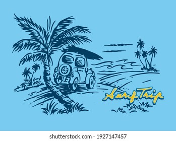 Colorful vector art in cartoon style of surfer car in tropical landscape. Illustration for print on t-shirts, posters and etc ...