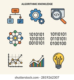 Colorful vector art depicting data analysis robot brain and binary code patterns