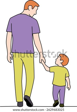 Colorful vector art of a father and son walking hand-in-hand. The child looks up at the parent. Simple illustration of family. Happy father's day