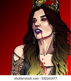 Colorful vector art vampire queen girl, luxury clothes, luxury hairstyle, dishonest, Halloween, Halloween, witch