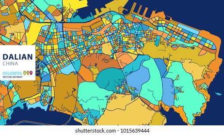 Dalian,Â China, Colorful Vector Artmap. Blue-Orange-Yellow Version for Website Infographic, Wall Art and Greeting Card Backgrounds.