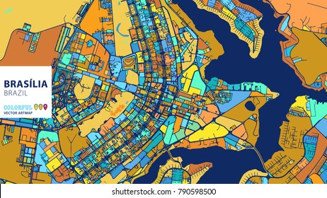 BrasÃ­lia,Â Brazil, Colorful Vector Artmap. Blue-Orange-Yellow Version for Website Infographic, Wall Art and Greeting Card Backgrounds.