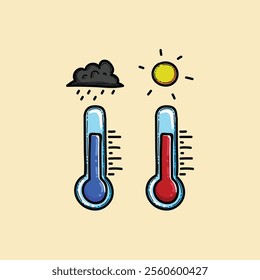 Colorful vector artwork featuring two thermometers indicating hot and cold temperatures, symbolizing weather variations with a sunny day and rainy cloud. Ideal illustration for weather-related concept