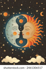 Colorful vector artwork of folklore sun and moon in profile, styled after ancient Slavic drawings. They smile with closed eyes against a dark background adorned with stars and clouds. for A4 posters