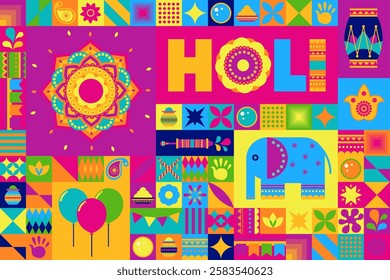 Colorful vector artwork showcasing a mandala and vibrant Holi motifs, celebrating the Indian festival. Perfect for festive decorations, posters, or cultural designs.