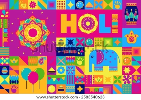Colorful vector artwork showcasing a mandala and vibrant Holi motifs, celebrating the Indian festival. Perfect for festive decorations, posters, or cultural designs.