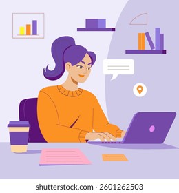 Colorful vector artwork showing a young woman typing on a laptop in a modern office space. The scene includes shelves, charts, and a coffee cup, symbolizing productivity and a vibrant workspace.