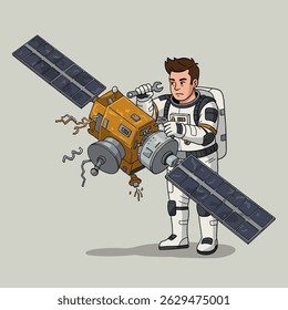 Colorful vector astronaut with big blue eyes, sitting peacefully on the moon while inspecting a tiny red satellite.
