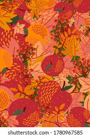 Colorful vector autumn illustration of apples, maple leaves and rowan branches 