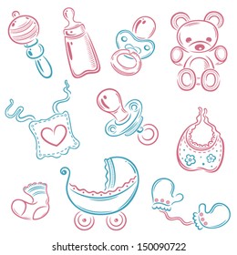 Colorful vector baby utensils set, pink and baby blue.