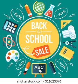 Colorful vector back to school sale poster template. Flat style. With hand drawn elements.