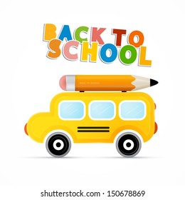 Colorful Vector Back to School Theme With Yellow School Bus and Orange Pencil