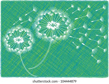 colorful vector backdrop design with dandelions and seeds in silhouette isolated on green background