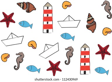 colorful vector backdrop design with sea animals and holiday motives isolated on white background
