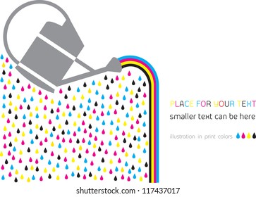 colorful vector backdrop design with watering can,rainbow,water drops and place for your text in print colors isolated on white background