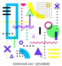 Colorful vector background with abstract geometric shapes. Memphis style design elements on white background.