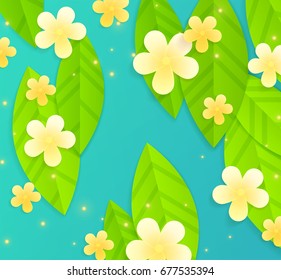 Colorful vector background with bright floral elements.Illustration with tropical leaves and flowers. Useful for advertising, web design and printed media.