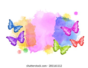 Colorful vector background with butterflies. Painting. Watercolors. Set. 