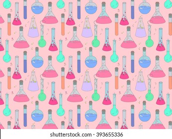 Colorful vector background with chemical glassware in hand drawn style. Colorful  background with magic potions .