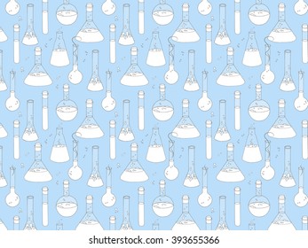 Colorful vector background with chemical glassware in hand drawn style. Colorful  background with magic potions .