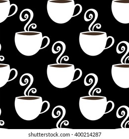 Colorful vector background with coffee cups and steam. Seamless black, brown and white coffee texture for wrapping paper, menu, book covers etc. 