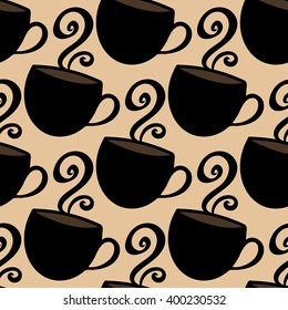 Colorful vector background with coffee cups and steam. Seamless black and brown coffee texture for wrapping paper, menu, book covers etc. 