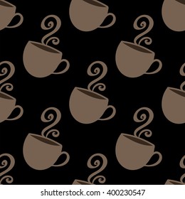 Colorful vector background with coffee cups and steam. Seamless black and brown coffee texture for wrapping paper, menu, book covers etc. 