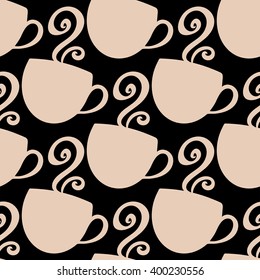 Colorful vector background with coffee cups and steam. Seamless black and beige coffee texture for wrapping paper, menu, book covers etc. 