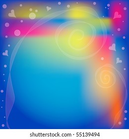 Colorful vector background with curls, hearts and dots