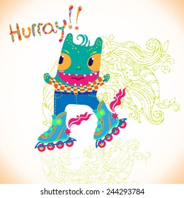Colorful vector background with cute funny hipster  roller skating monster . Can be used for fabrics, wallpapers,  design and decoration.