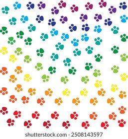 Colorful vector background with cute paw prints in the colors of the rainbow.