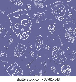 Colorful vector background for day of the dead, fun hand drawn seamless pattern with skull and doodle elements; children's wrapping paper