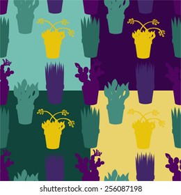 Colorful vector background decorated with houseplants silhouettes