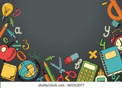 Colorful vector background with hand drawn school supplies, isolated on blackboard background. Ready for your design.