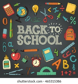 Colorful vector background with hand drawn school supplies, isolated on blackboard background. Ready for your design.