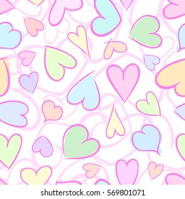 Colorful vector background with hearts. Hand drawn design for for card, poster, paper, print, fashion, website wallpaper, background. Seamless pattern.