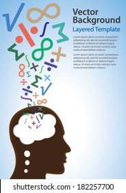 Colorful Vector Background - Math / Science Symbols coming out of a thinking head. Creative Concept for showing Ideas, Innovation, Invention, Math, Science and many other ideas.