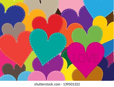 colorful vector background with patchwork hearts, cartoon valentine card design