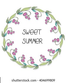 colorful vector background with pattern of sprigs of berries in a circle with the inscription sweet summer on a white background