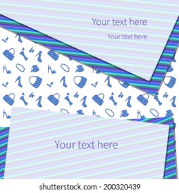 Colorful vector background with place for your text. Blue female accessories pattern and several pieces of paper.