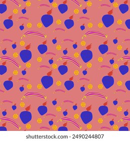 Colorful vector background with repeating pattern. Banana in blue and yellow with red lines. Blue strawberries with red seeds. Colorful abstract background, bold colors, pattern, fabric, fruit