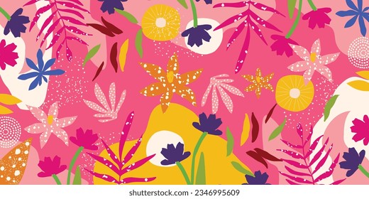 Colorful vector background with scattered abstract leaves, flowers and other botanical elements. Random cutout tropical foliage collage, ornamental texture, cute decorative pattern