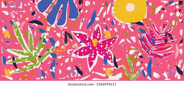 Fondo vectorial colorido con hojas abstractas dispersas, flores y otros elementos botánicos. Collage de follaje tropical de corte aleatorio, textura ornamental, lindo patrón decorativo