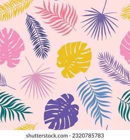 Colorful vector background with scattered leaf silhouettes, tropical seamless pattern for the summer
