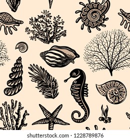 Colorful vector background with sea creatures. . Vector sea shell, algae, corals, starfish. Wallpaper for phone cover, textile, web, cards, invitations, curtains